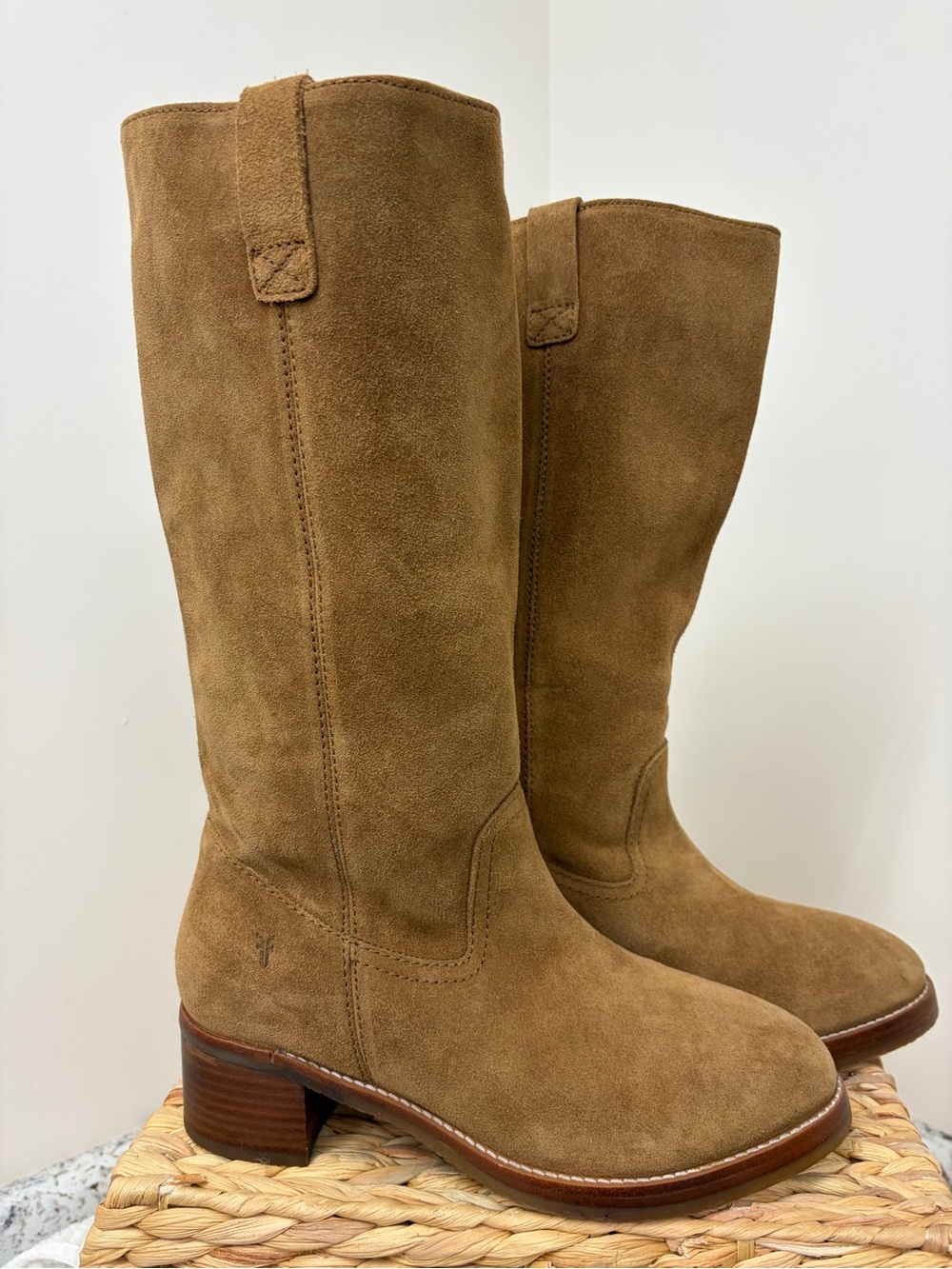 Frye Tan Suede Mid-Calf Block Heel Boots